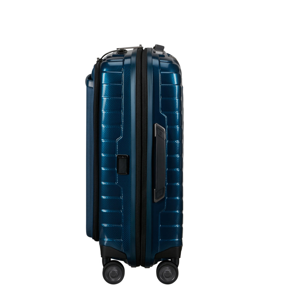 Petrol blue 55cm Samsonite Proxis carry-on suitcase with easy access pocket and sturdy wheels.