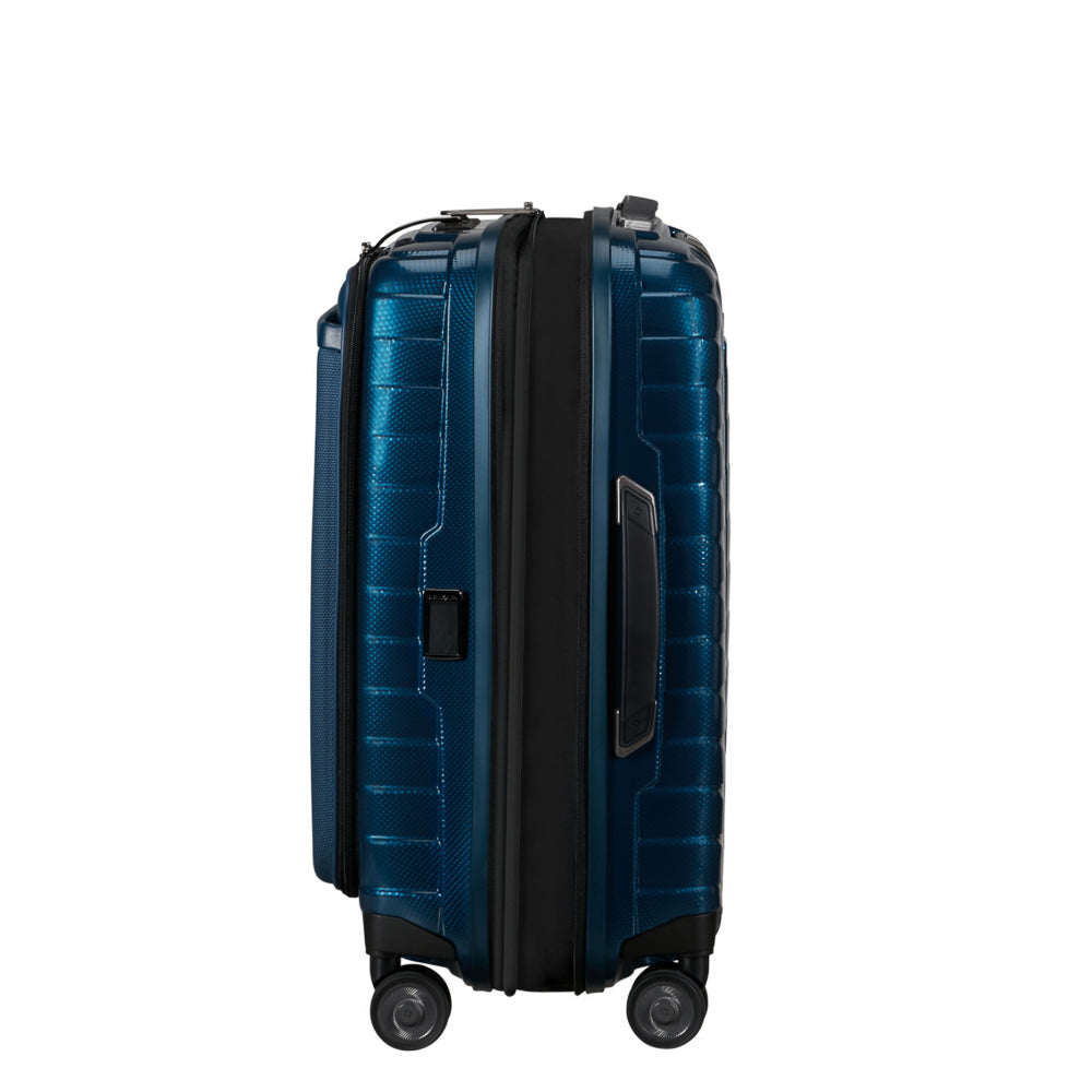 55cm petrol blue cabin luggage suitcase by Samsonite, featuring easy access design and durable construction.