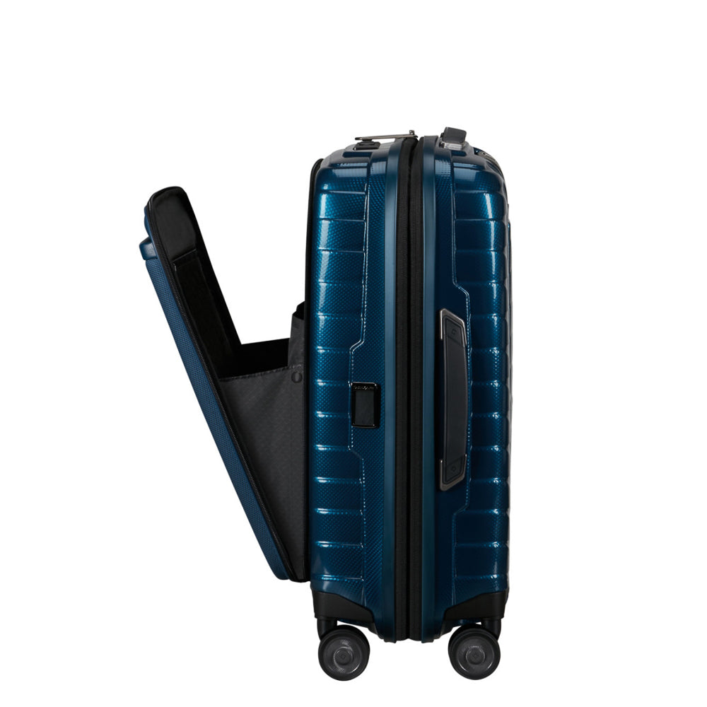 Petrol blue Samsonite Proxis 55cm carry-on suitcase with easy access features and sleek design.