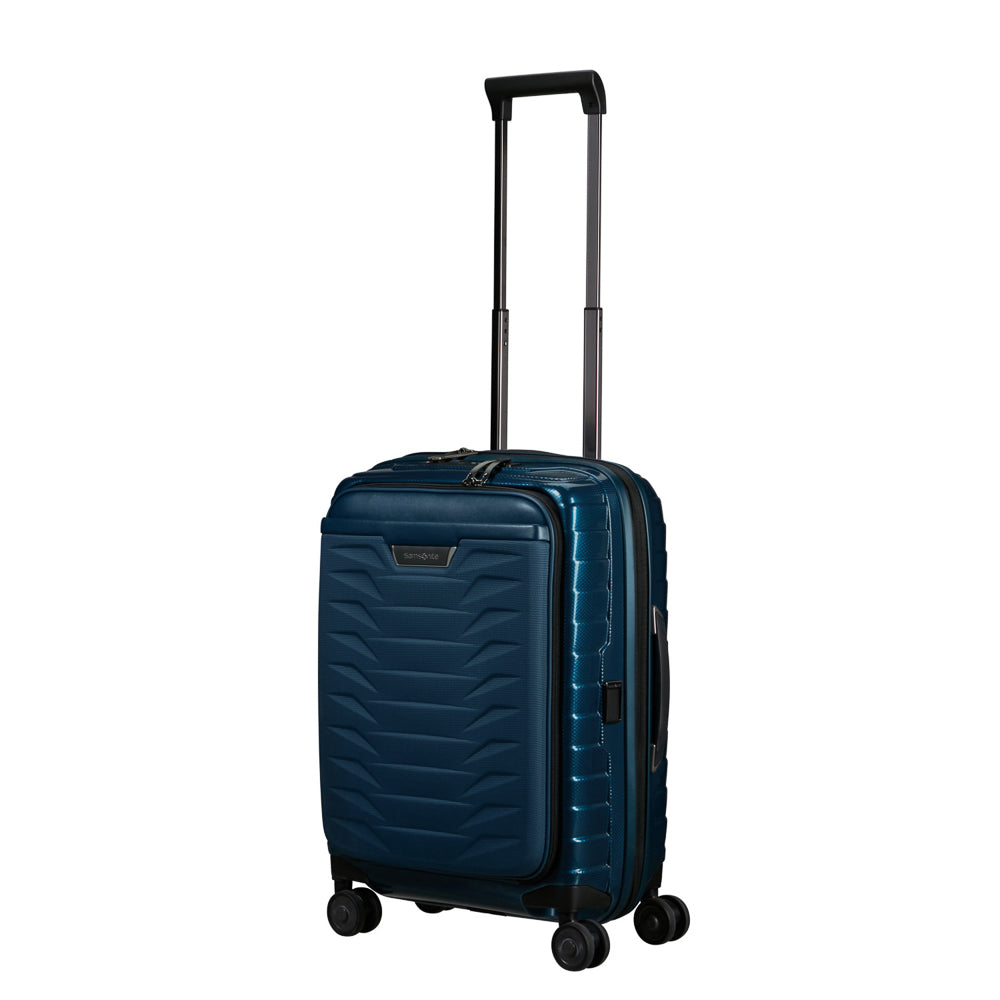 55cm petrol blue Samsonite Proxis cabin luggage suitcase with easy access compartments and smooth wheels.