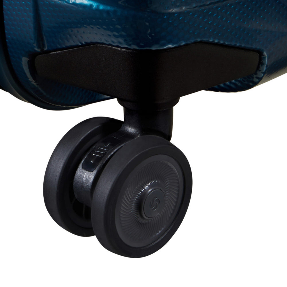 Petrol blue 55cm Proxis carry-on suitcase with easy access, featuring a sturdy design and smooth wheels for travel.