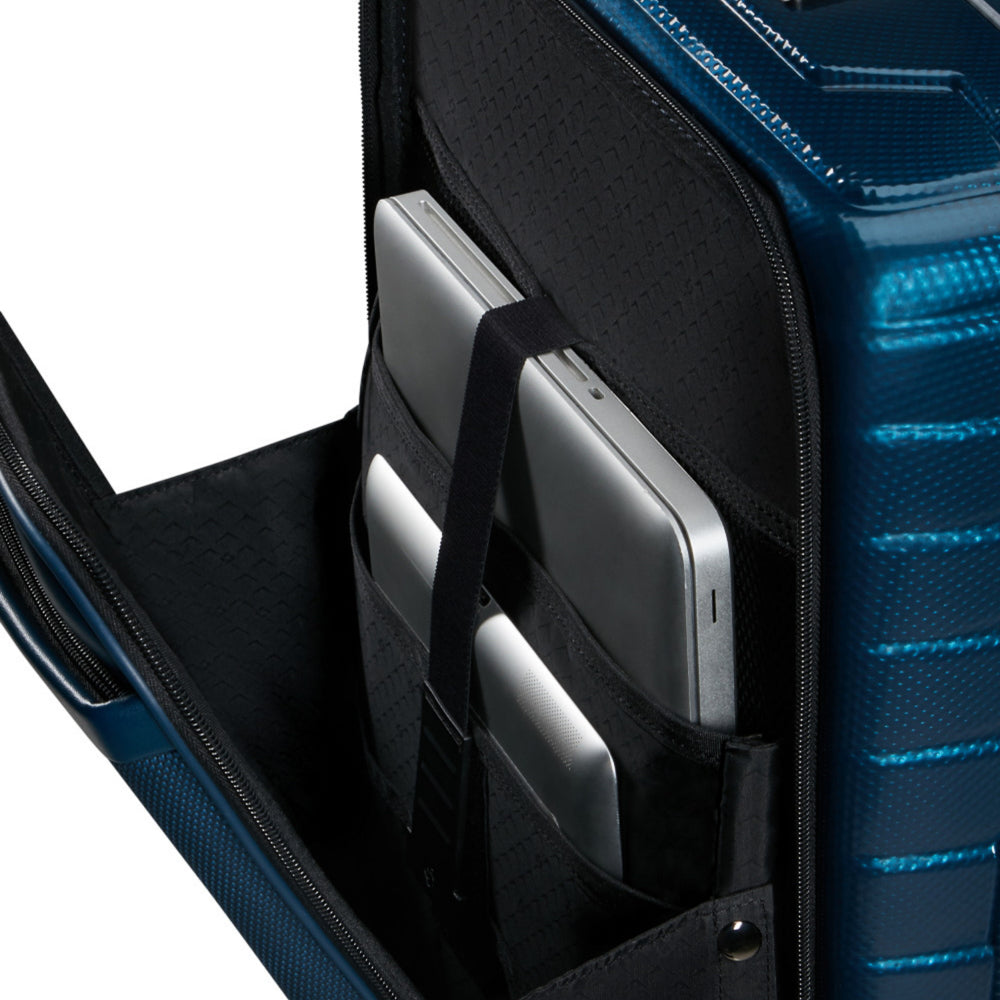 Samsonite Proxis 55cm petrol blue carry-on suitcase with easy access zippers and sleek design.