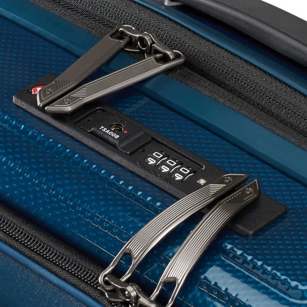 Petrol blue 55cm Proxis carry-on suitcase by Samsonite, featuring easy access compartments and sleek design.