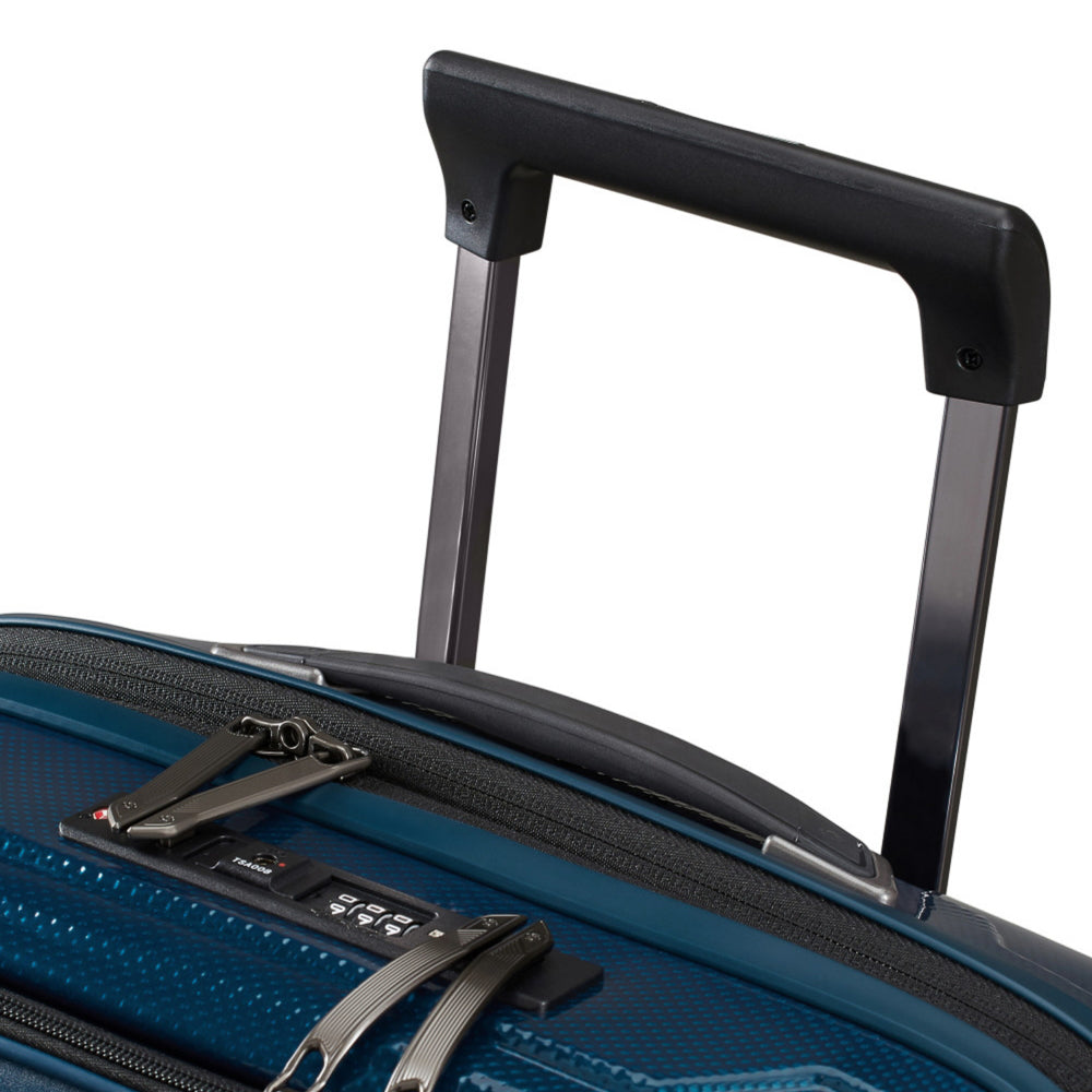 55cm Proxis cabin luggage suitcase in petrol blue, featuring easy access zippers and a sleek design by Samsonite.