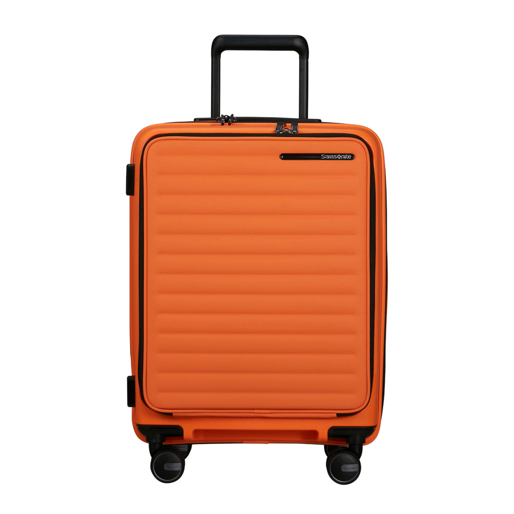 55cm Restackd cabin suitcase by Samsonite in vibrant papaya color, showcasing easy access compartments and durable design.