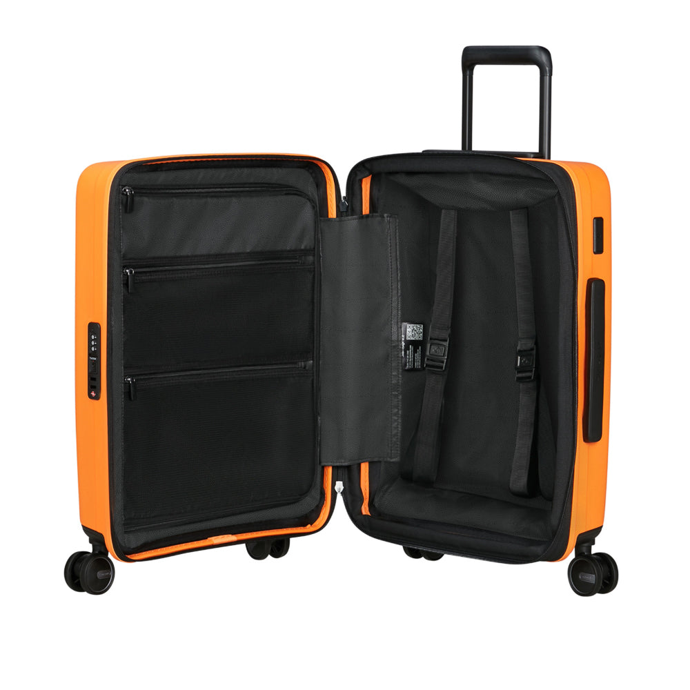 55cm Restackd cabin suitcase by Samsonite in vibrant papaya color, showcasing its easy access design and durable exterior.