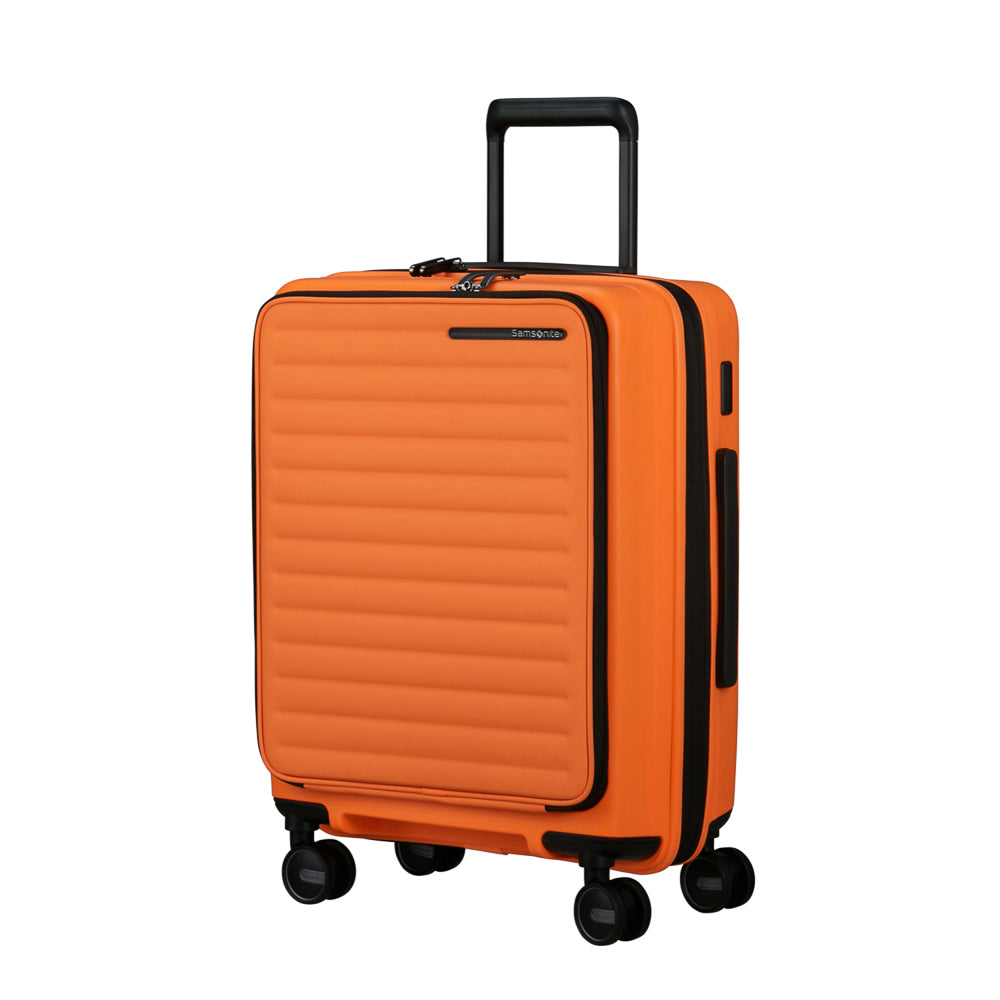 Samsonite Restackd 55cm Easy Access Cabin Suitcase in papaya color, showcasing its sleek design and spacious interior.