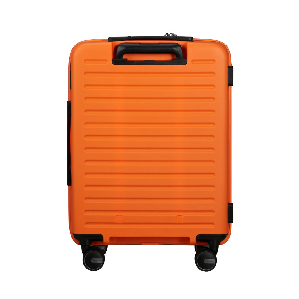 Samsonite Restackd 55cm Easy Access Cabin Suitcase in vibrant papaya color, featuring smooth wheels and sturdy handle.