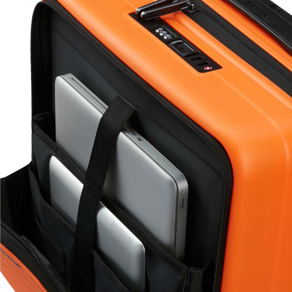 Samsonite 55cm Easy Access Cabin Suitcase in papaya color with smooth wheels and spacious interior for travel convenience.