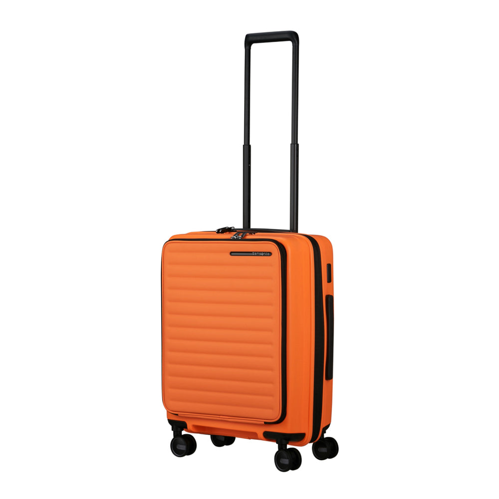Samsonite Restackd 55cm Easy Access Cabin Suitcase in vibrant papaya color with wheels and handle for travel convenience.