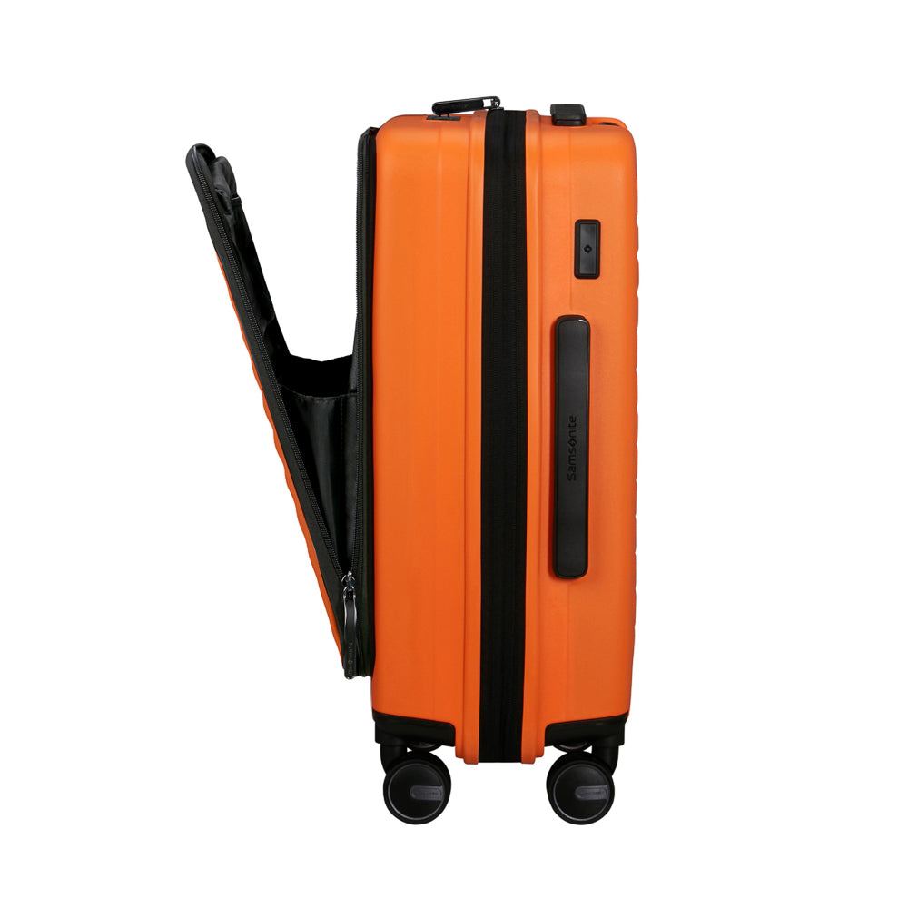 55cm orange Restackd cabin suitcase by Samsonite, featuring easy access zipper and smooth wheels for travel convenience.