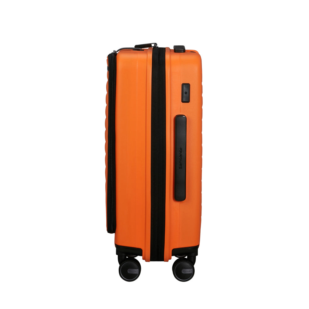 55cm Restackd cabin suitcase by Samsonite in vibrant papaya color, featuring easy access design and smooth wheels.