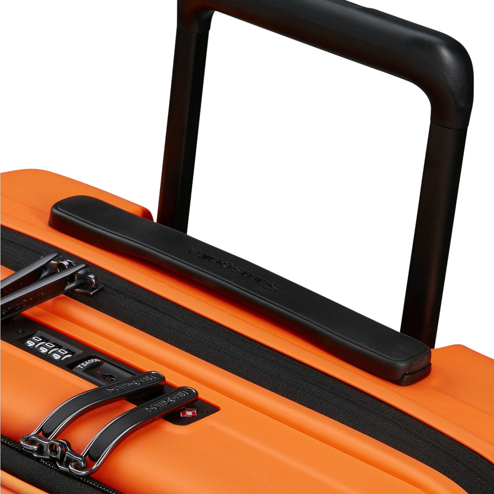 Samsonite 55cm Easy Access Cabin Suitcase in vibrant papaya color, featuring a sleek design and sturdy wheels.