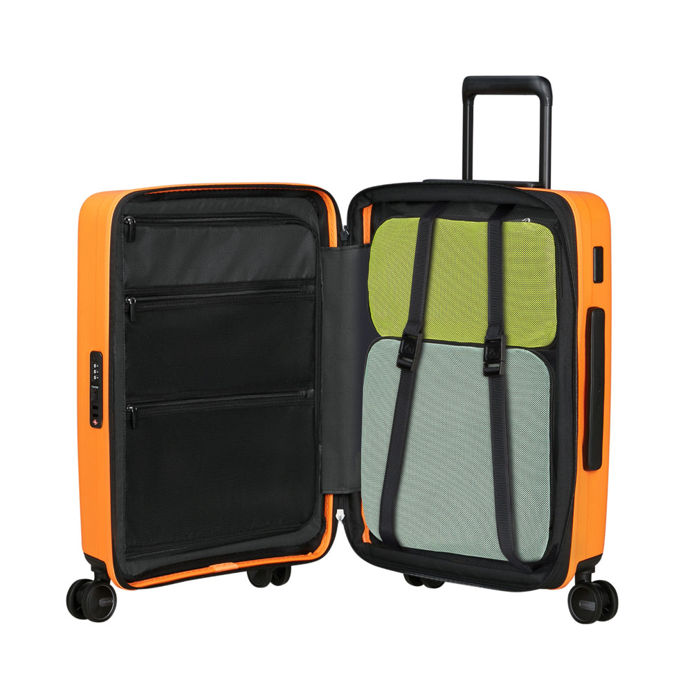 Samsonite Restackd 55cm easy access cabin suitcase in vibrant papaya color, showcasing wheels and handle design.