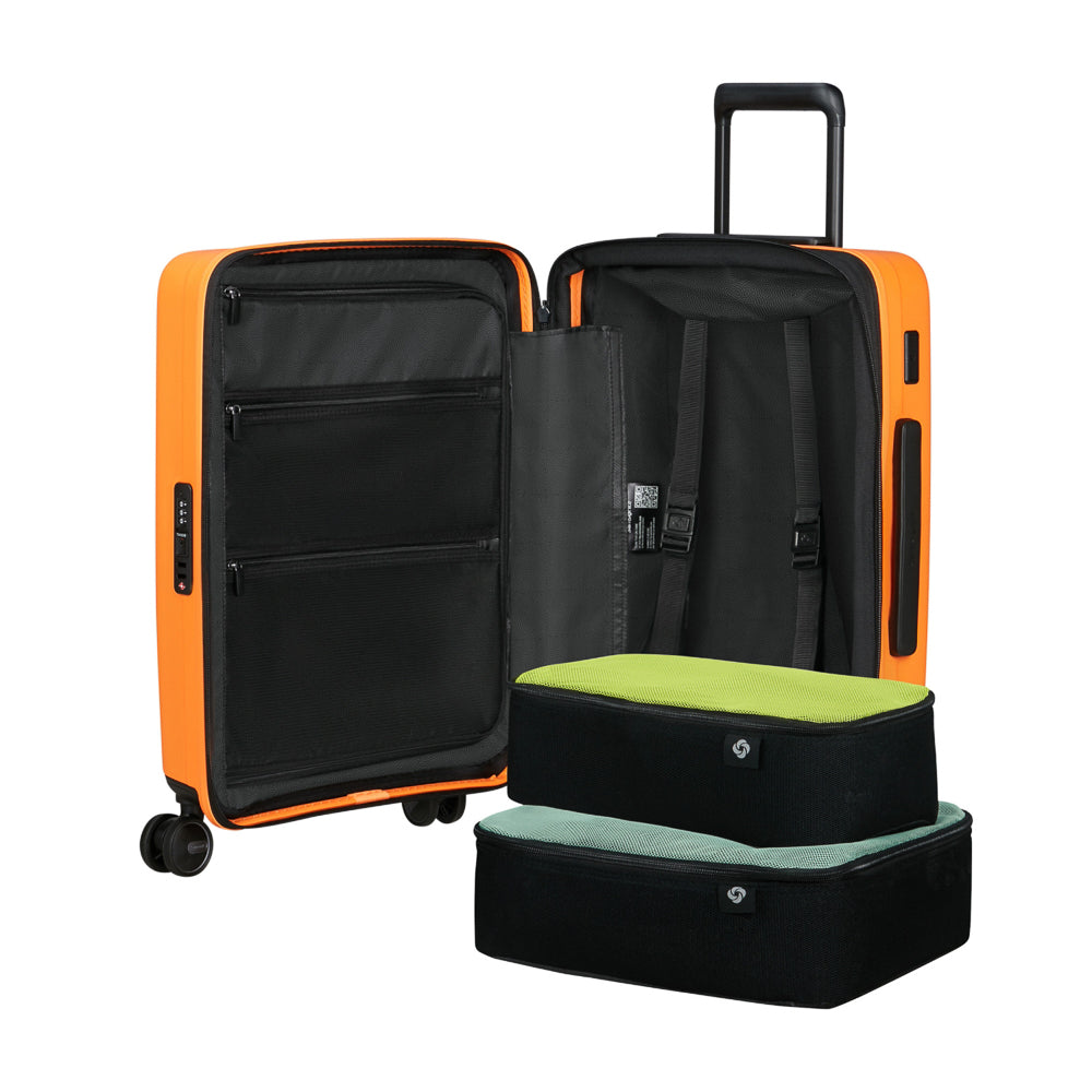 55cm Restackd cabin suitcase by Samsonite in papaya color, showcasing a durable design and easy access features.