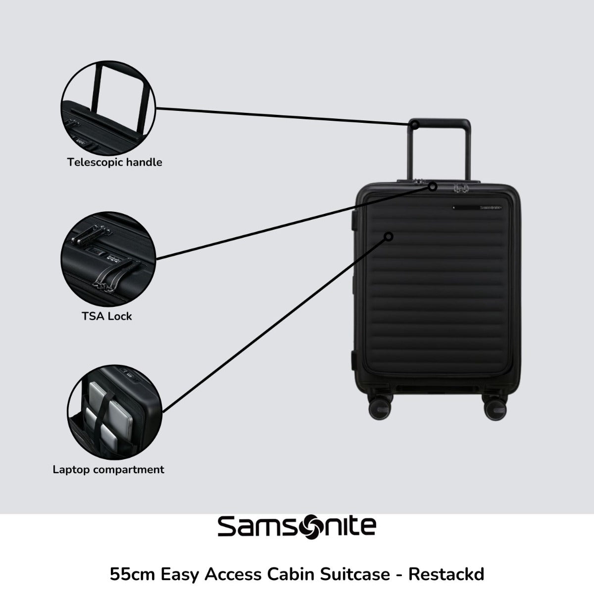 Samsonite Restackd 55cm Easy Access Cabin Suitcase in black with wheels and a sturdy handle, ideal for travel.