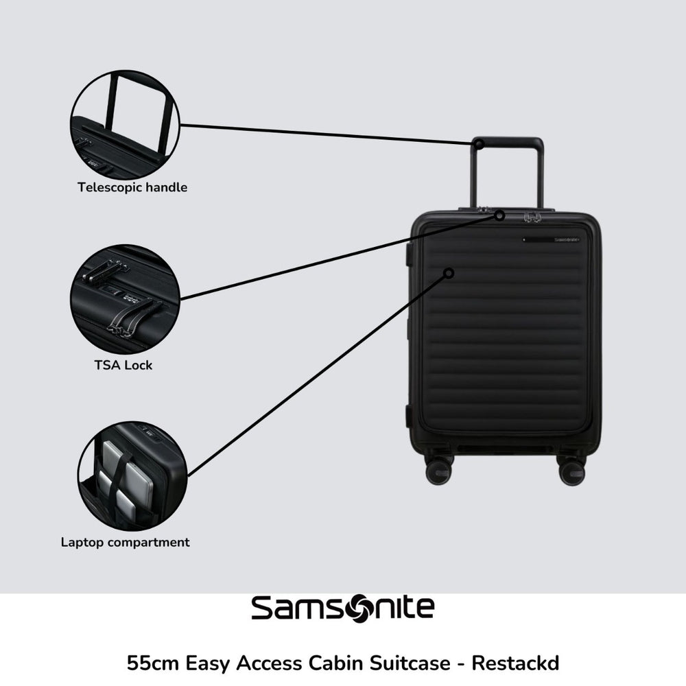 Samsonite Restackd 55cm Easy Access Cabin Suitcase in black with wheels and a sturdy handle, ideal for travel.