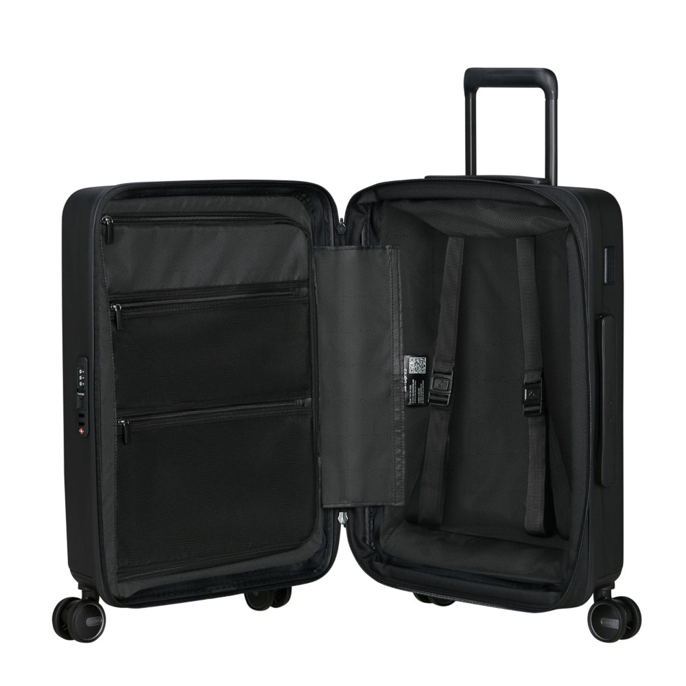 55cm black Easy Access Cabin Suitcase by Samsonite, featuring a sleek design and easy-access compartments.