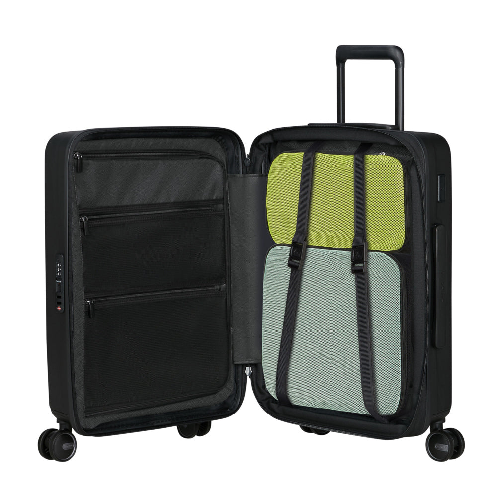 Samsonite 55cm Easy Access Cabin Suitcase in black, featuring smooth wheels and a spacious interior for convenient travel.