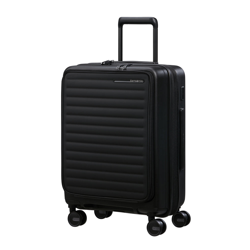Samsonite Restackd 55cm easy access cabin suitcase in black, showcasing durable design and spacious interior.