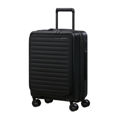 Samsonite Restackd 55cm easy access cabin suitcase in black, showcasing durable design and spacious interior.