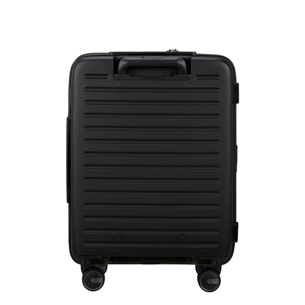 Samsonite 55cm Easy Access Cabin Suitcase in black, showcasing its sleek design and convenient carry handles.