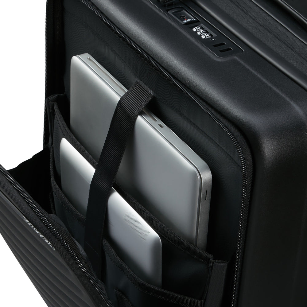 Samsonite 55cm Easy Access Cabin Suitcase in black, featuring durable wheels and a sleek design for travel convenience.