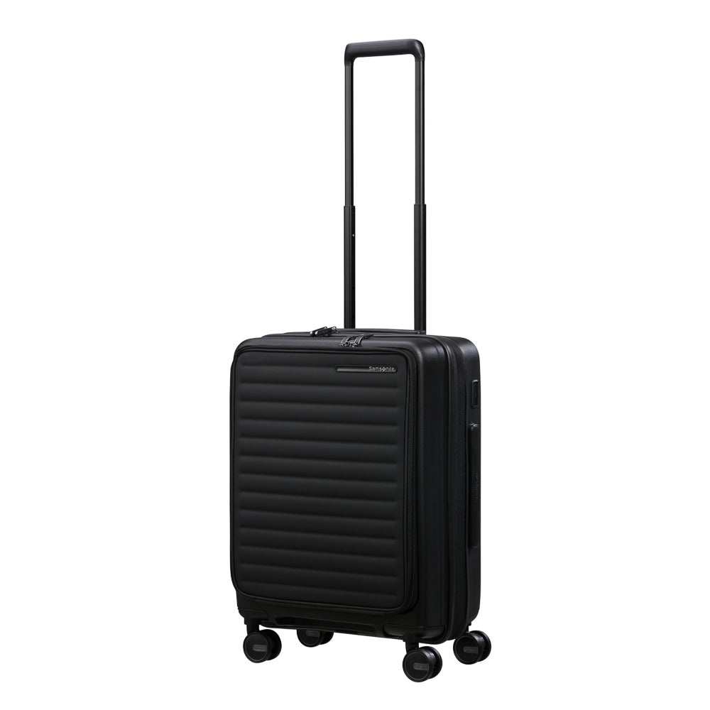 Black 55cm Easy Access Cabin Suitcase by Samsonite, featuring durable wheels and a spacious interior for travel convenience.