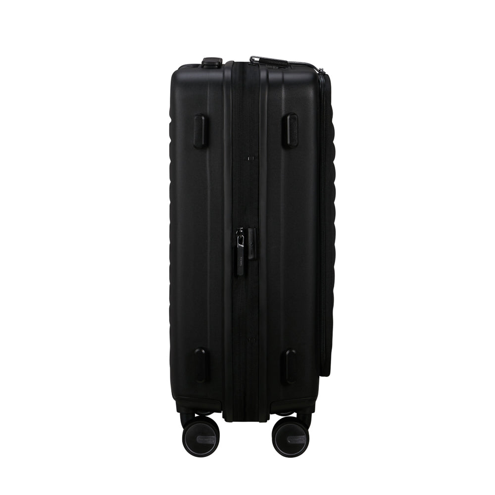 Samsonite 55cm Easy Access Cabin Suitcase in black, featuring smooth wheels and a sturdy handle for easy travel.