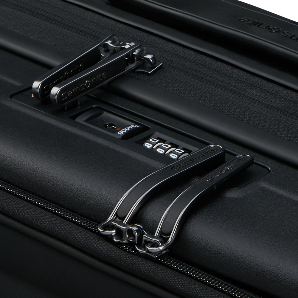 55cm black Easy Access Cabin Suitcase by Samsonite with wheels and a spacious interior for organized travel.