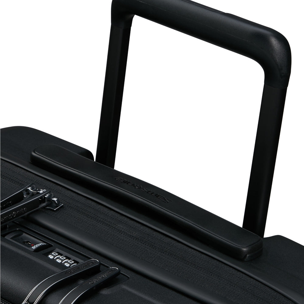 Black 55cm Easy Access Cabin Suitcase by Samsonite Luggage with wheels and handle for convenient travel.
