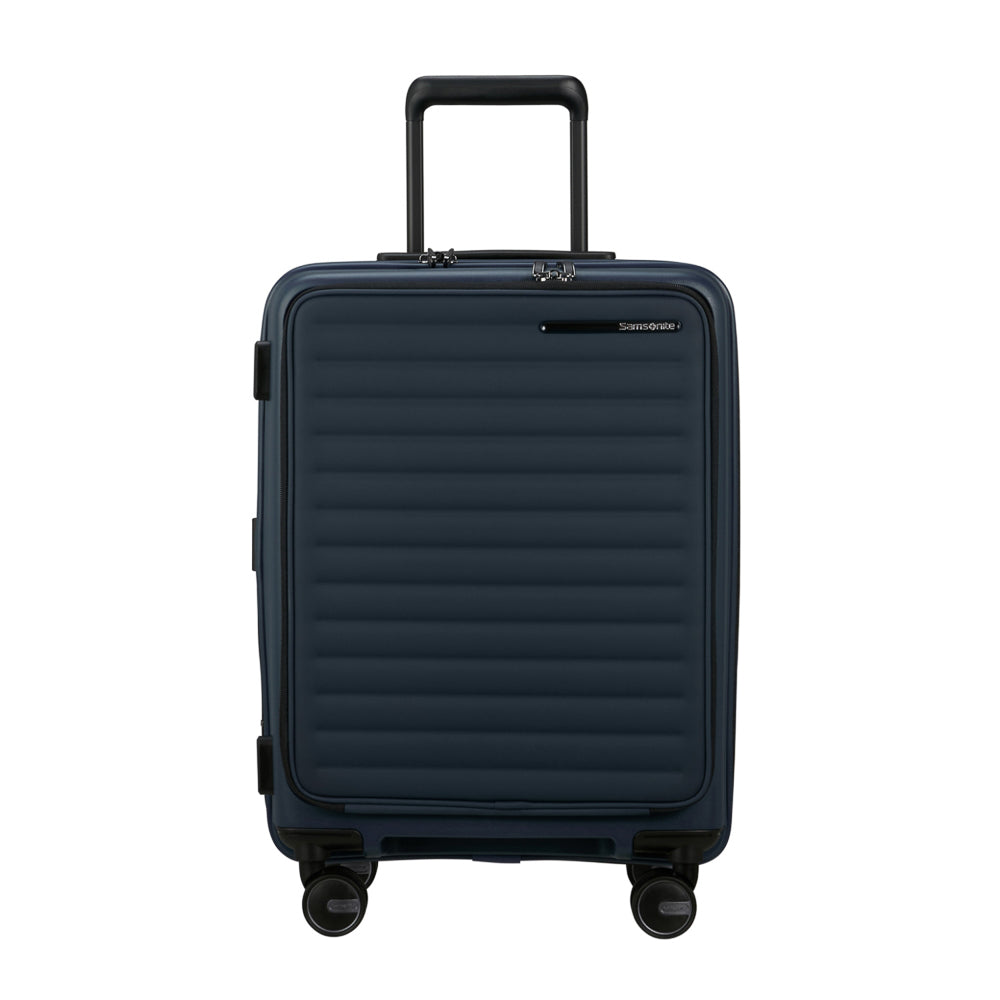Midnight blue 55cm Easy Access Cabin Suitcase by Samsonite, featuring smooth wheels and a spacious interior.