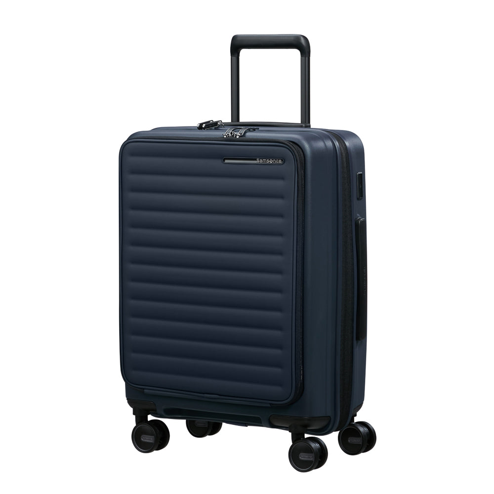 55cm Easy Access Cabin Suitcase by Samsonite in midnight blue, showcasing a sleek design and spacious interior.