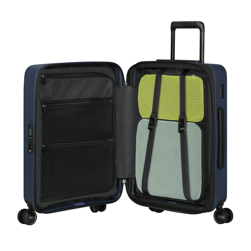 Samsonite Restackd 55cm Easy Access Cabin Suitcase in midnight color with smooth wheels and ergonomic handle.