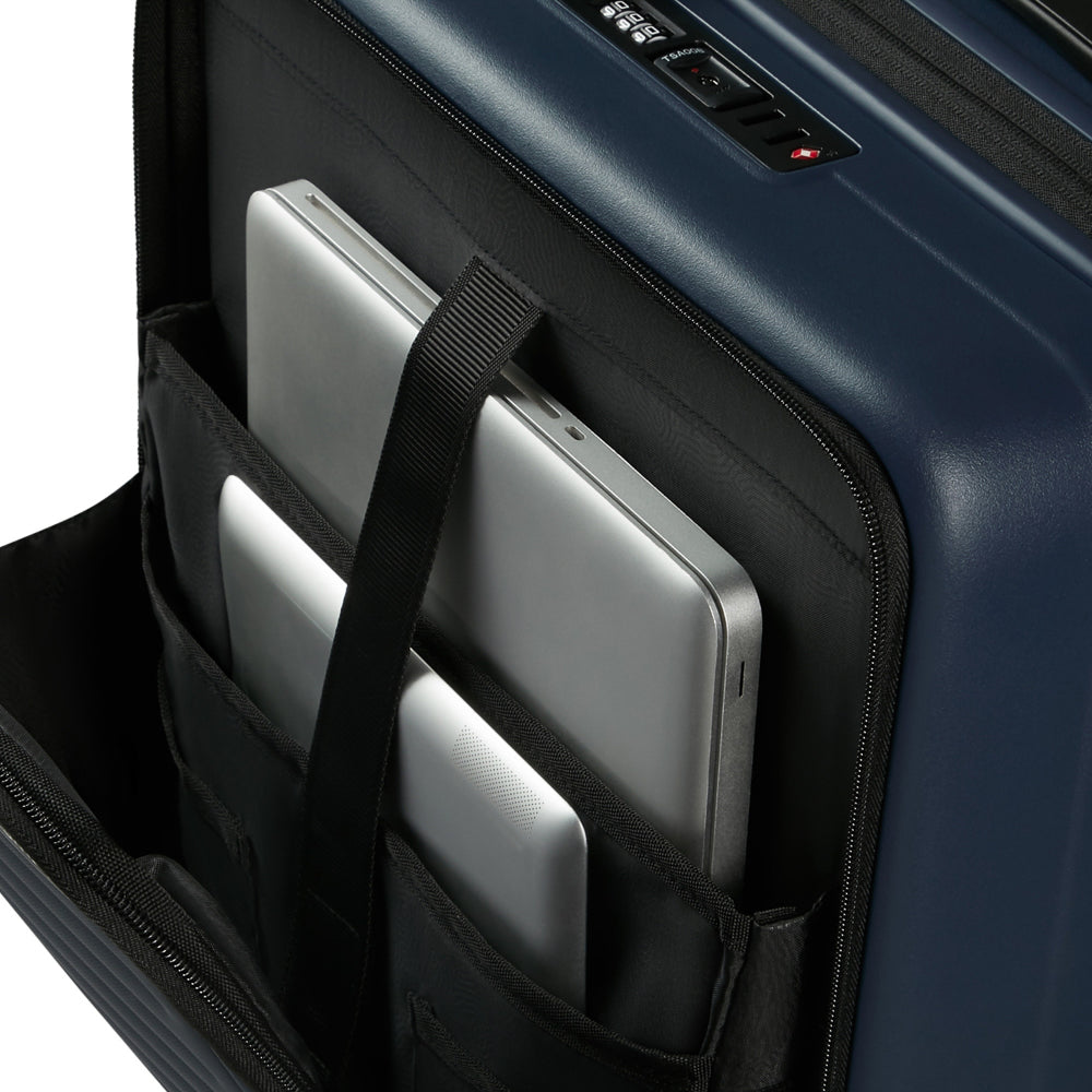 Samsonite 55cm Easy Access Cabin Suitcase in midnight blue with a sleek design and sturdy wheels.