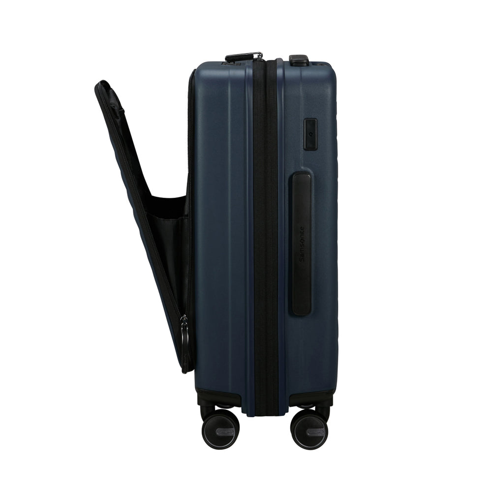 Samsonite Restackd 55cm Easy Access Cabin Suitcase in midnight blue with wheels and zipper compartments.