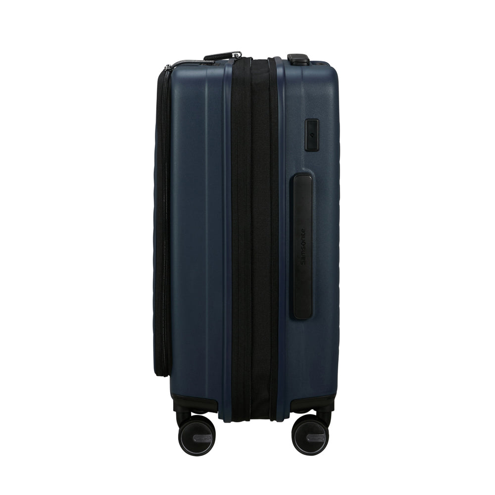 Samsonite Restackd 55cm Easy Access Cabin Suitcase in midnight blue with smooth wheels and spacious interior compartments.