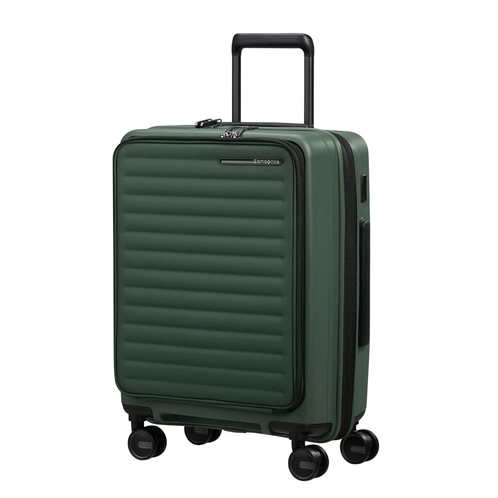 Samsonite 55cm Easy Access Cabin Suitcase in sage green, showcasing a sleek design and spacious interior for travel.