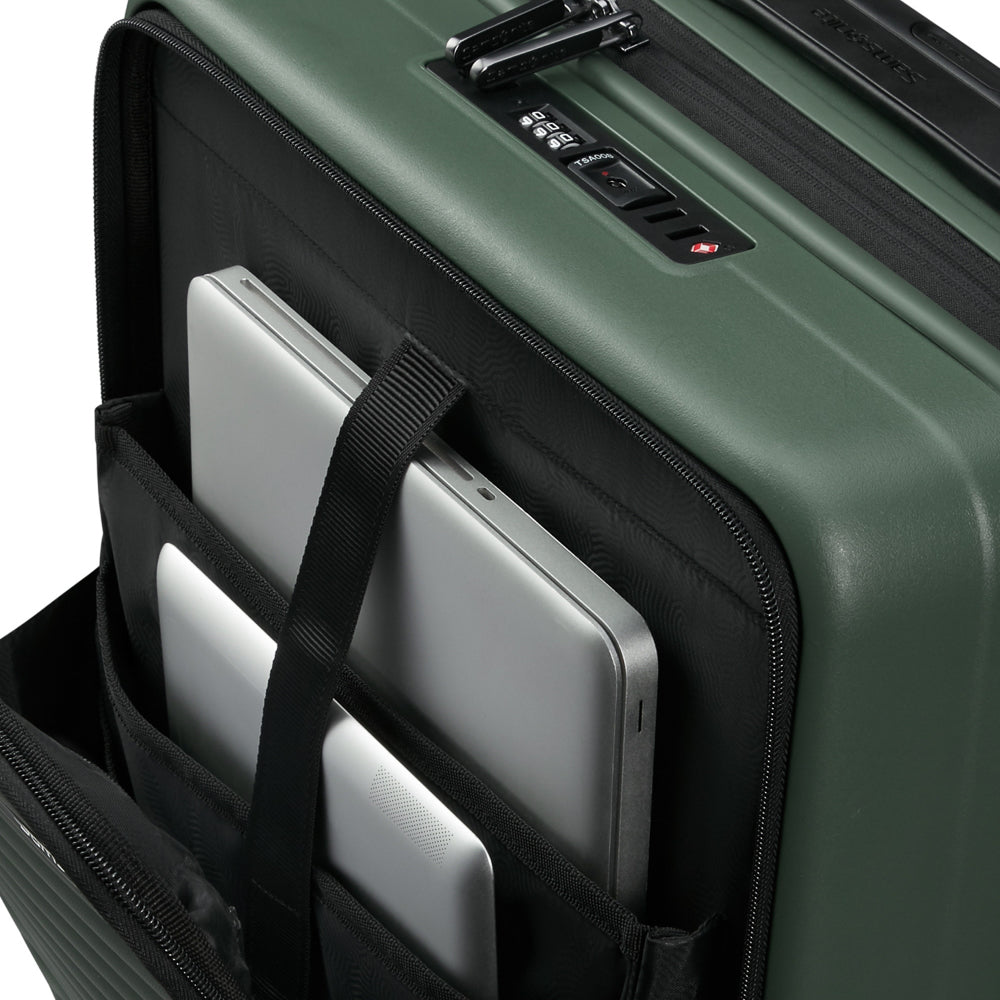 55cm Samsonite Restackd Easy Access Cabin Suitcase in sage green with smooth wheels and sturdy handle for travel convenience.