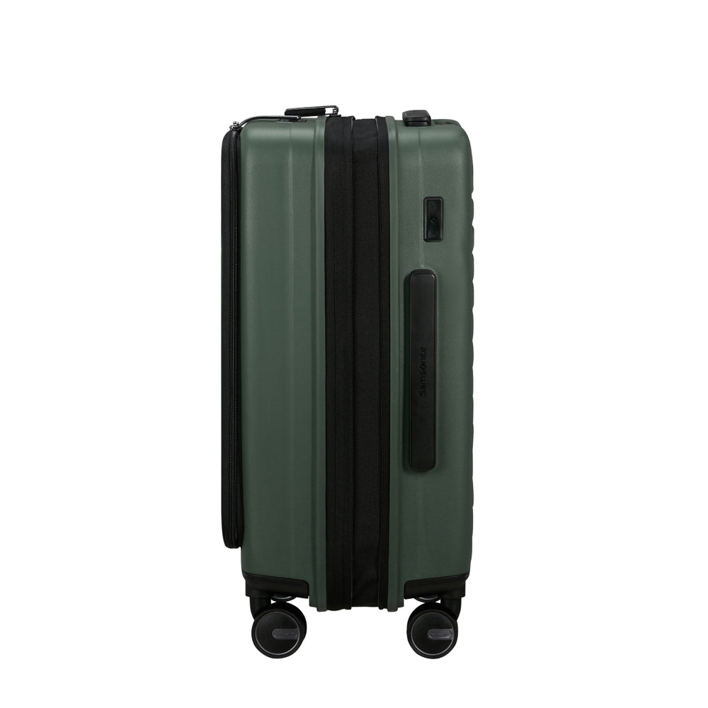55cm Easy Access Cabin Suitcase by Samsonite in sage green with sturdy wheels and handle for easy travel.