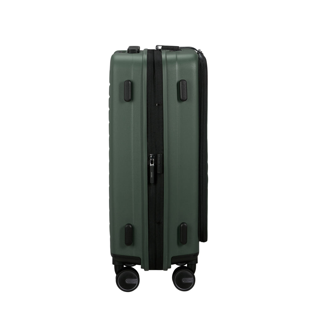 55cm Restackd cabin suitcase in sage green by Samsonite, featuring a sturdy handle and smooth wheels for easy travel.