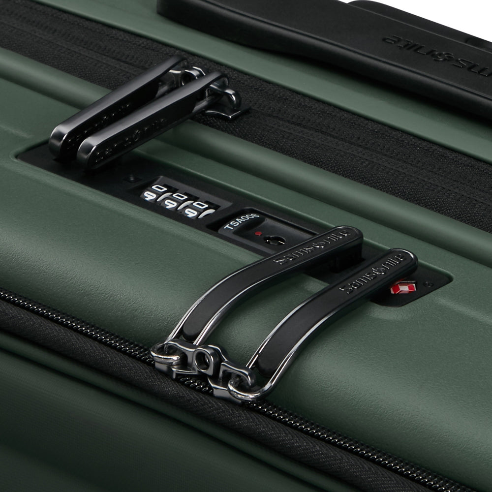 55cm Restackd Easy Access Cabin Suitcase by Samsonite in sage green, showcasing sleek design and spacious interior.