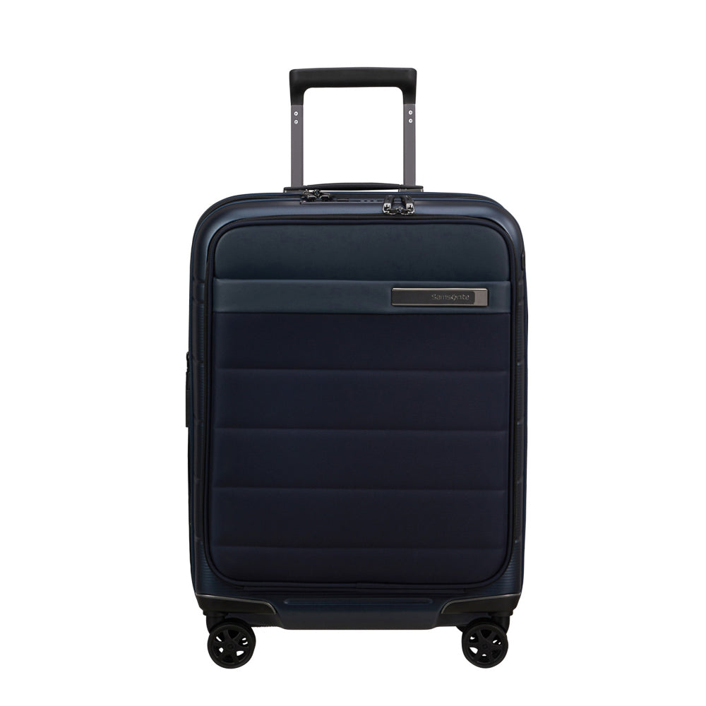 Midnight blue 55cm expandable Samsonite cabin luggage suitcase with easy access spinner wheels.