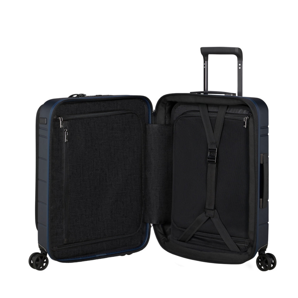 Midnight blue Samsonite 55cm Easy Access Expandable Spinner Suitcase with four wheels and a sturdy handle.