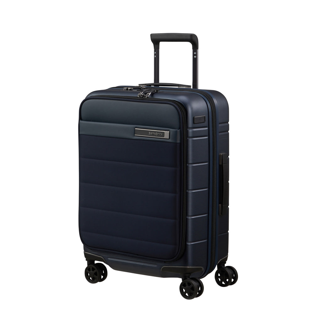 Midnight blue 55cm Samsonite Neopod expandable spinner suitcase with easy access features for cabin luggage.