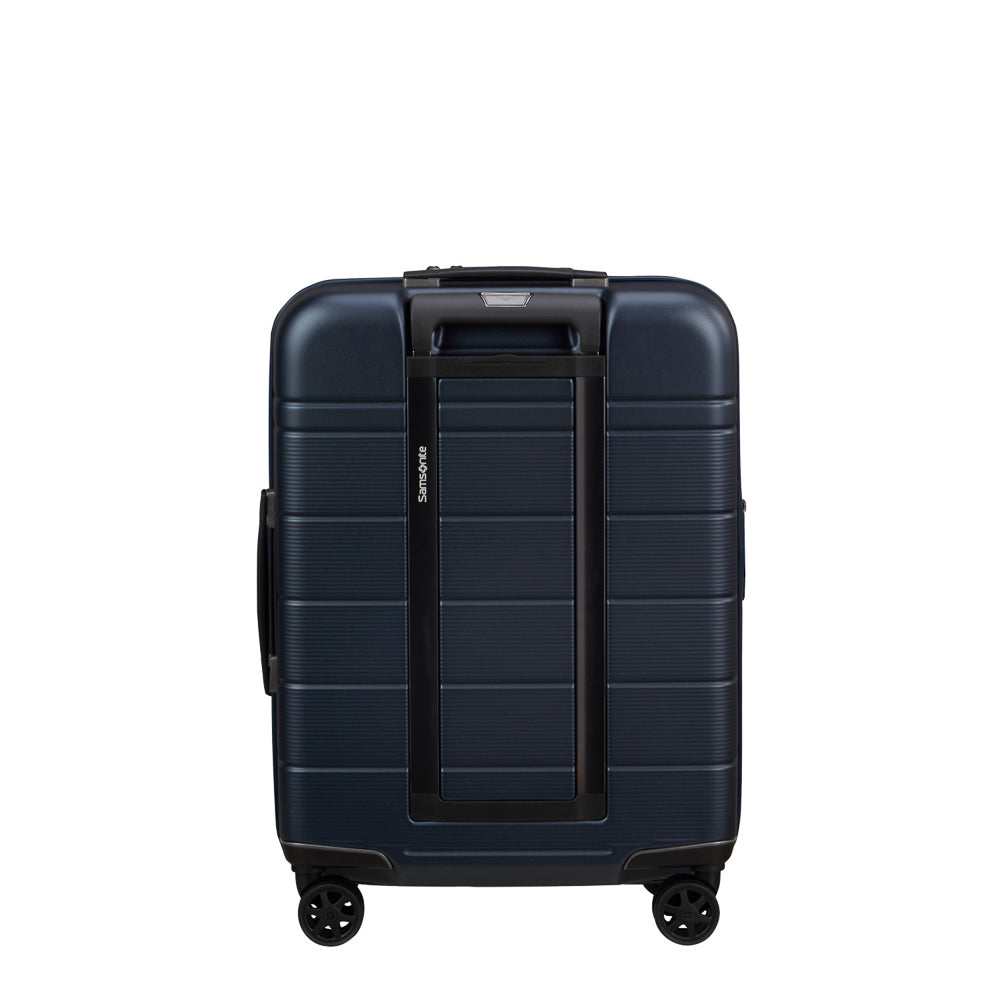 Midnight blue Samsonite 55cm expandable spinner suitcase with easy access features for cabin luggage.