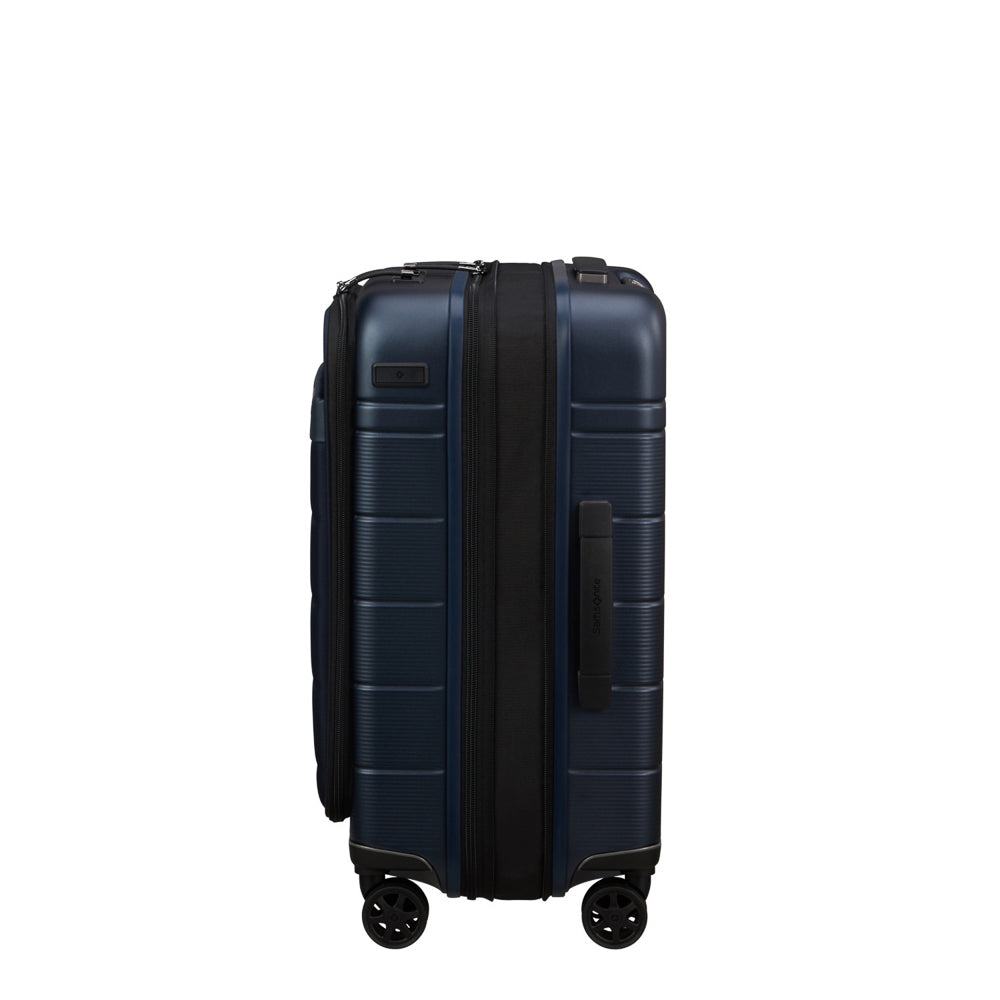 Midnight blue Samsonite 55cm expandable spinner suitcase with easy access features, perfect for cabin luggage.