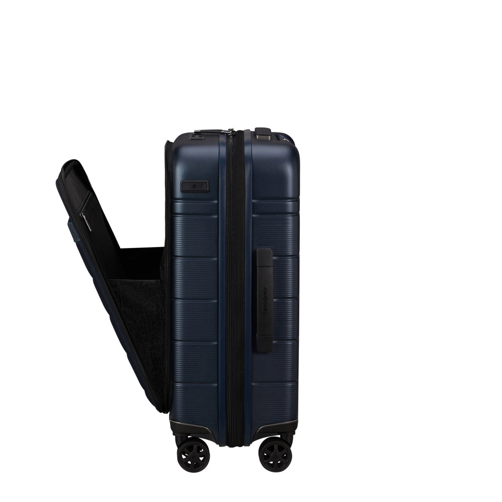 Midnight blue Samsonite 55cm Easy Access Expandable Spinner Suitcase with four wheels and ergonomic handle.