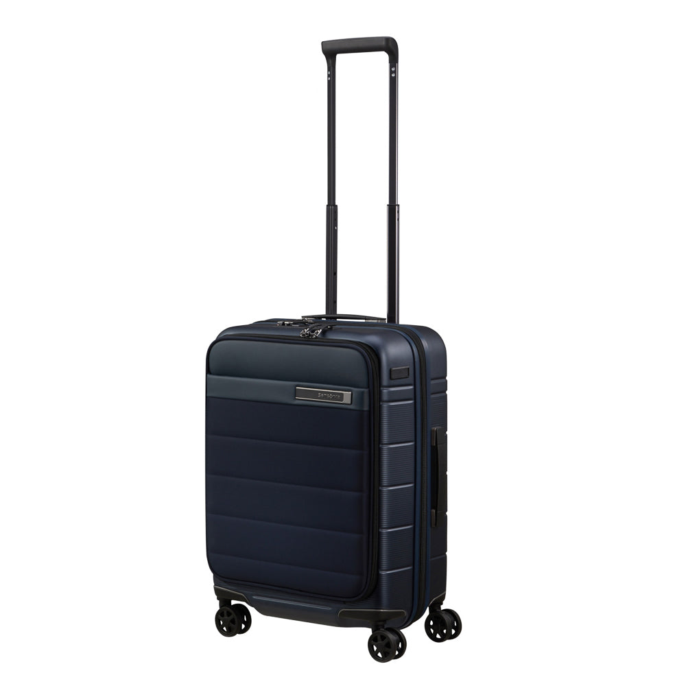 Midnight blue Samsonite 55cm Easy Access Expandable Spinner Suitcase with wheels and retractable handle.