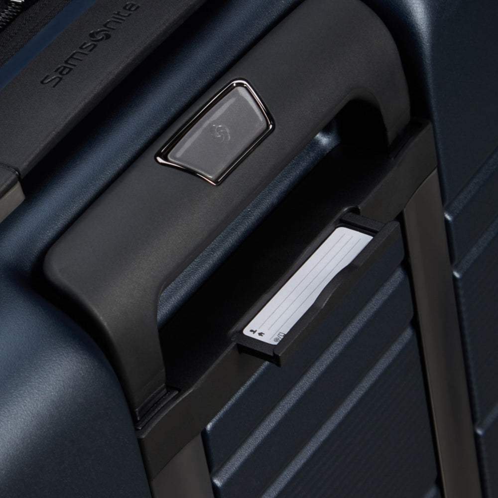Midnight blue Samsonite 55cm Easy Access Expandable Spinner Suitcase with wheels and handle for cabin travel.